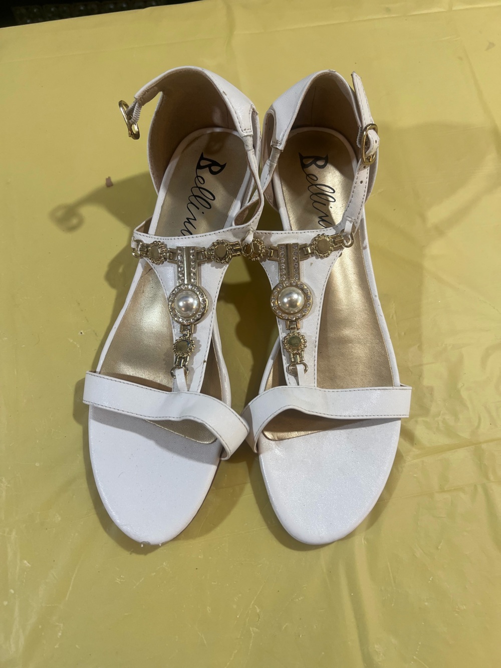 Bellini White T-Strap Sandals with Gold Pearl Accents A2